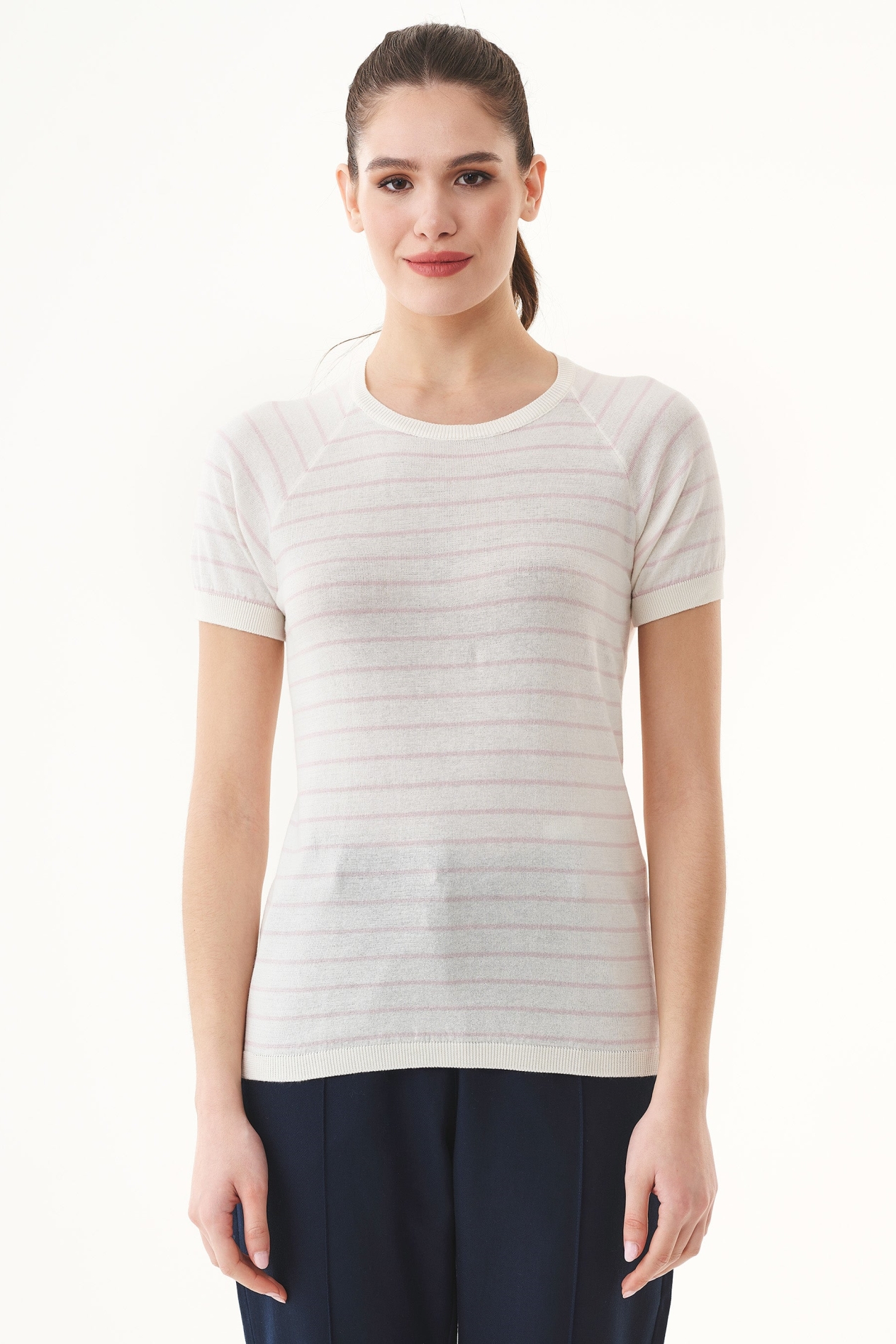 ORGANICATION  T-Shirt Met Strepen Fijn Gebreid Zacht Roze & Gebroken Wit