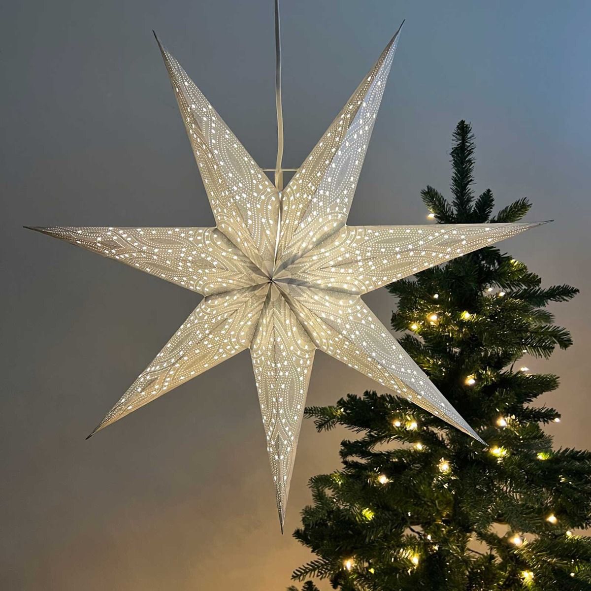 Papieren kerstster Ø60 cm met verlichting - Nova zilver met zilveren glitter