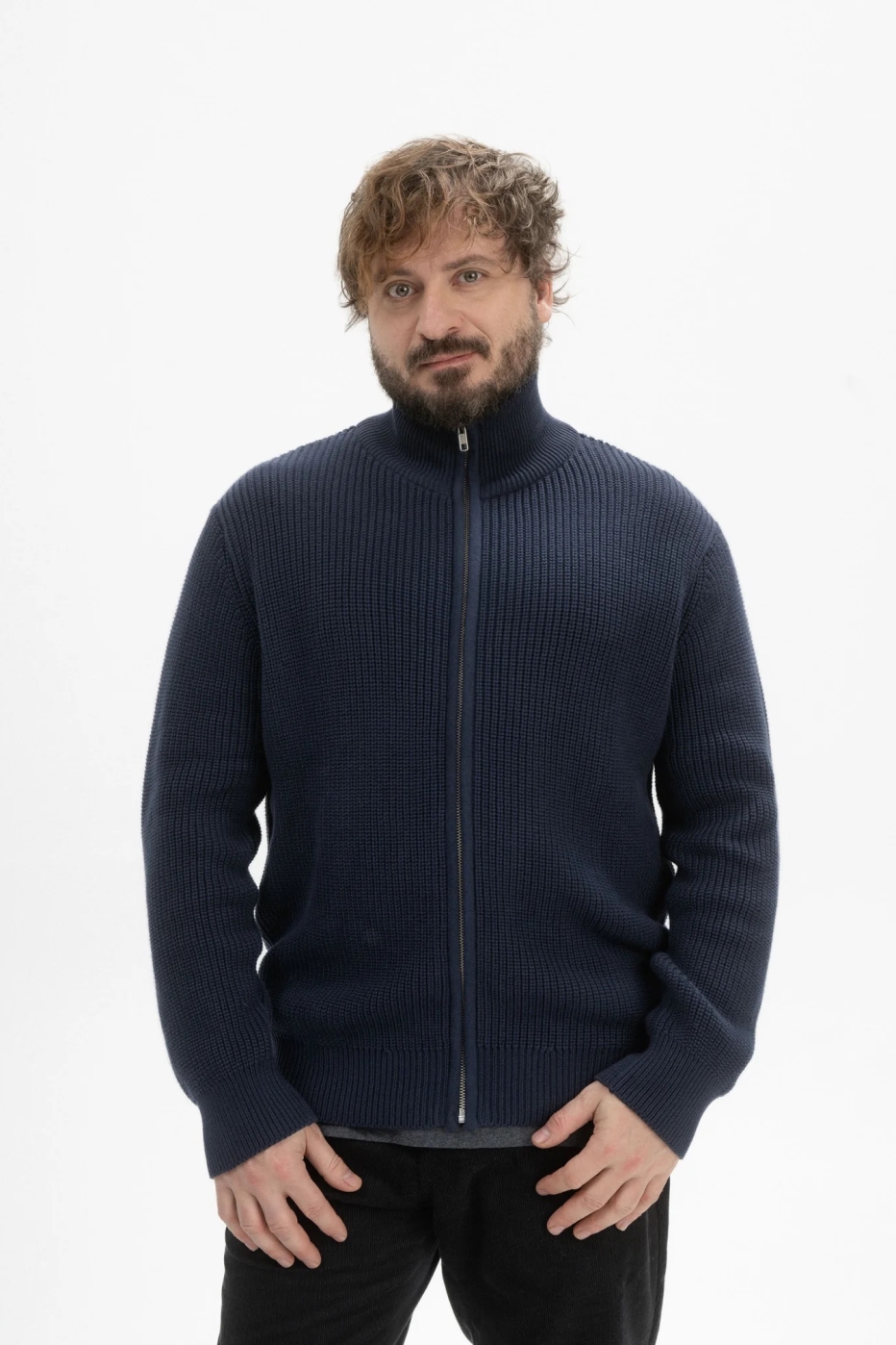 MELA mannen vegan Gebreide Jas Geribbeld Taksh Marineblauw