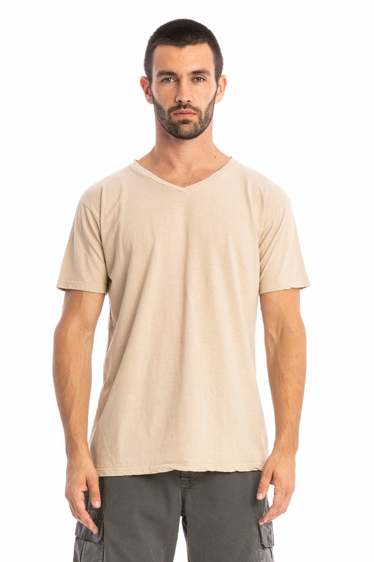 RAVENS VIEW IBIZA mannen vegan T-Shirt Met Azuurblauwe V-Hals En Woestijnzandprint