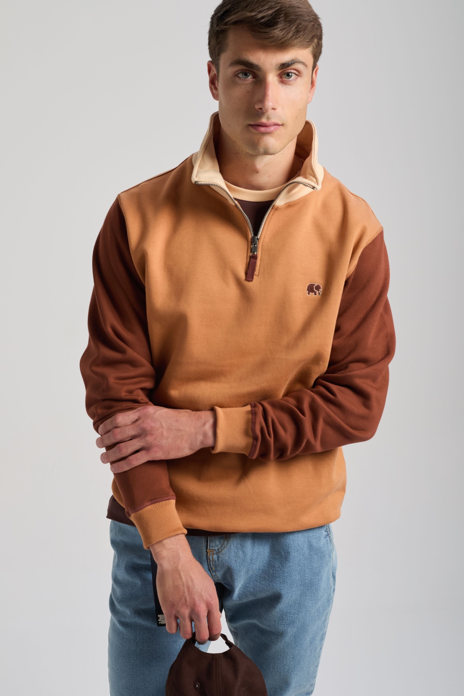 Trendsplant mannen vegan Sweatshirt Color Block Quarter Zip Cashew