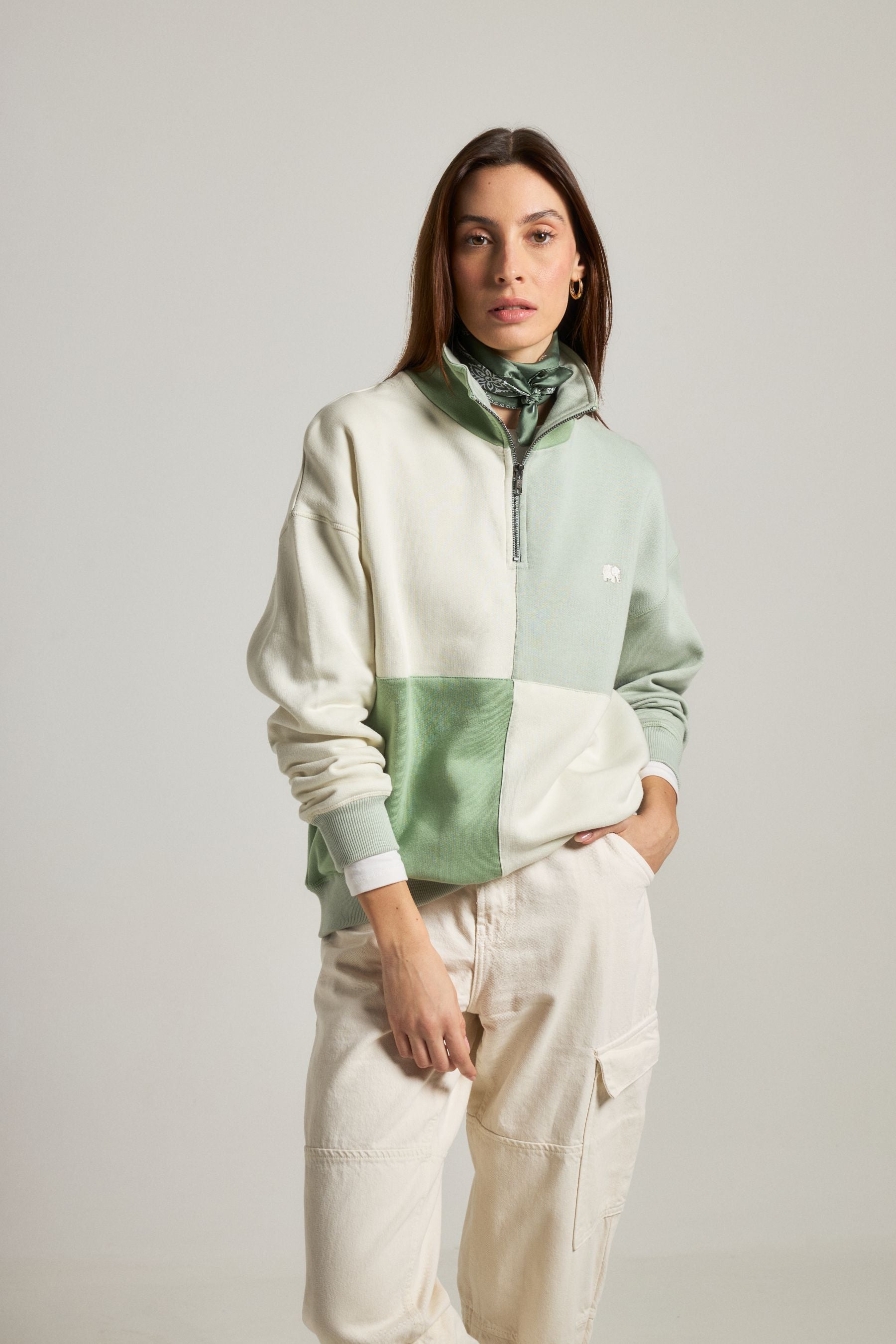Trendsplant  Sweatshirt Met Kwartrits, Oversized Model, Kleurblokken, Zeeglas