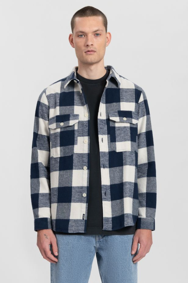 Kuyichi mannen vegan Overshirt Andrew Geruit Wit En Donker Marineblauw