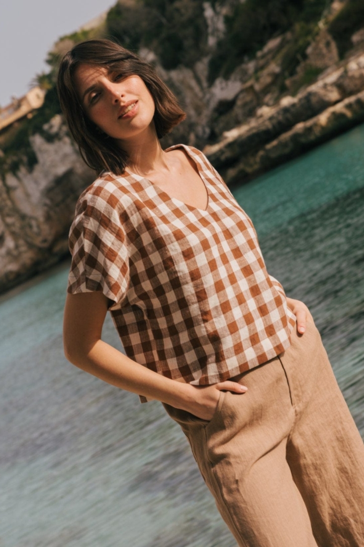AmourLinen  Top Lily Mocha Gingham