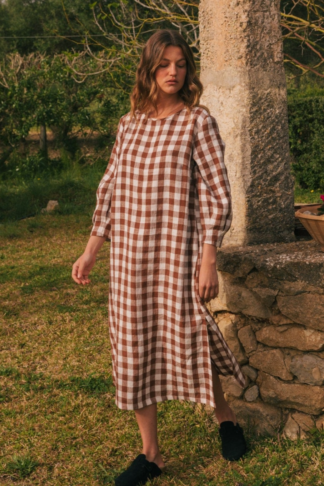 AmourLinen  Jurk Lange Lengte Amalia Mocha Gingham