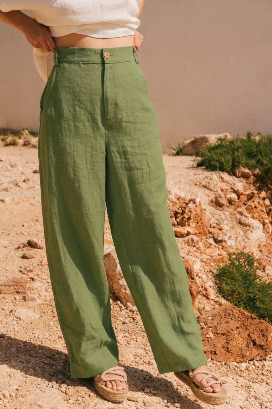 AmourLinen  Broek Recht Barbora Matcha Groen
