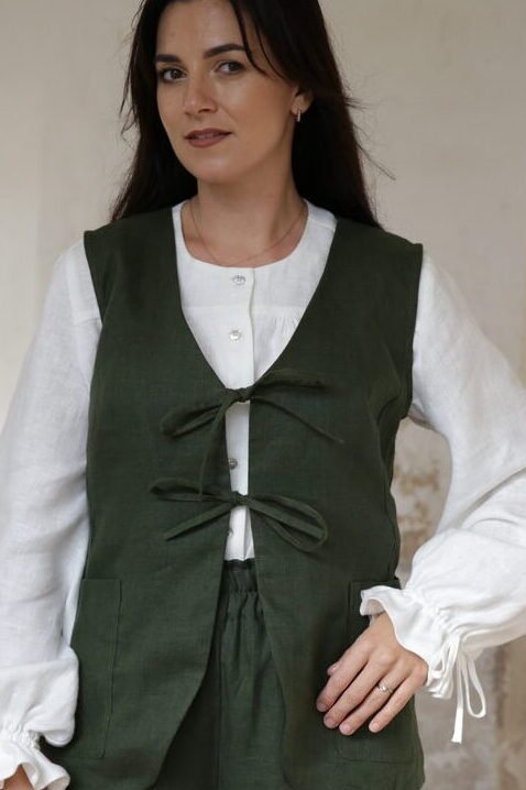 Amber Linen  Gilet Charlotte Forest Green