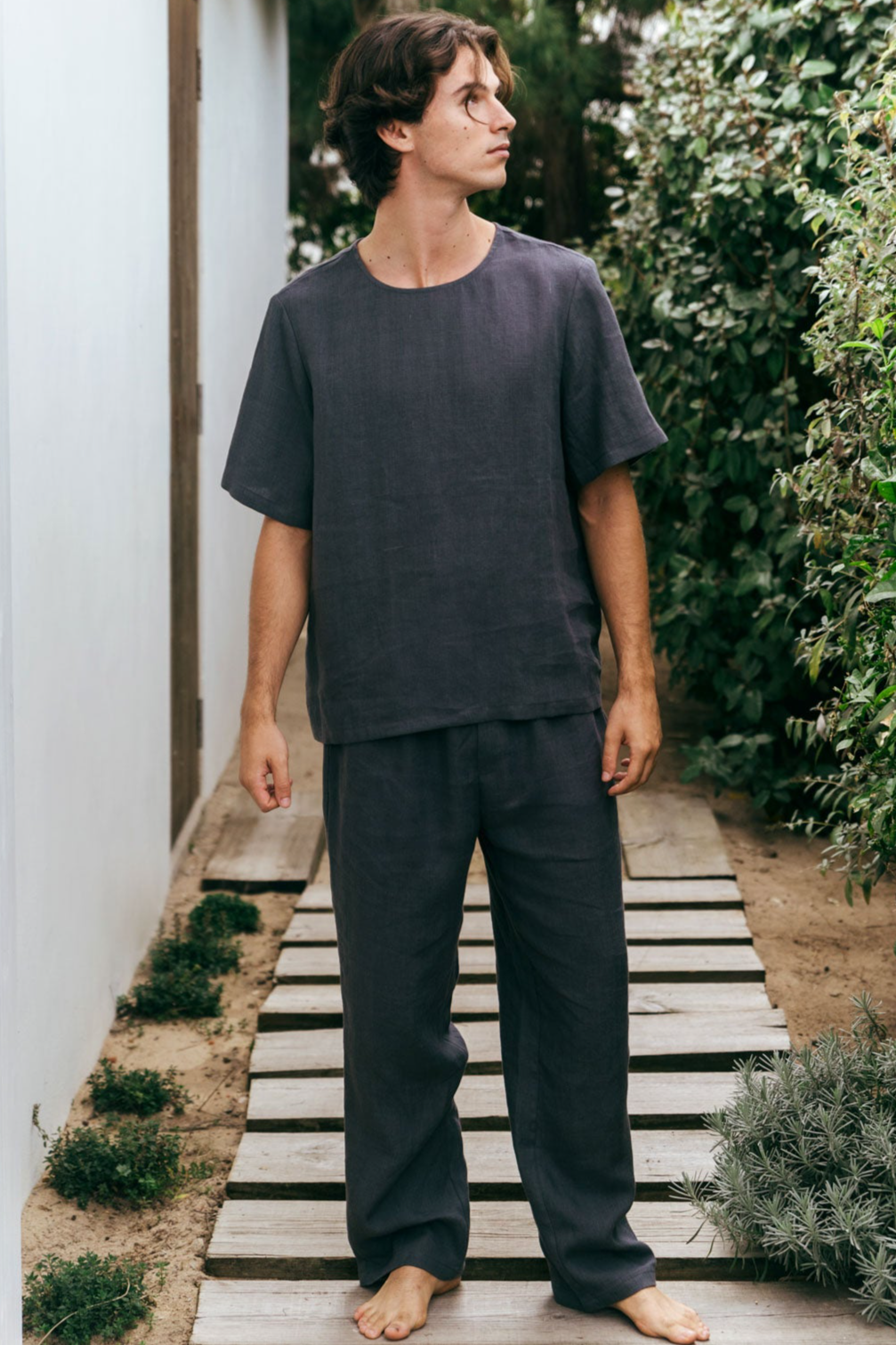 AmourLinen mannen vegan Set Pyjama Korte Mouw Leo Charcoal