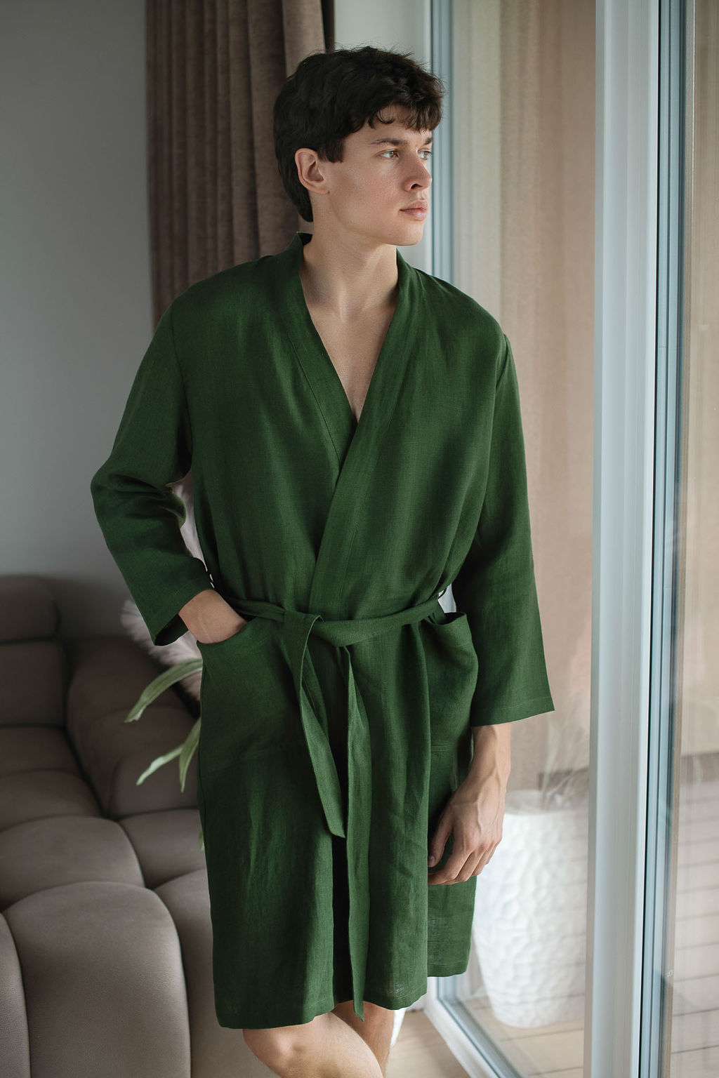 Amber Linen mannen vegan Badjas Bosgroen