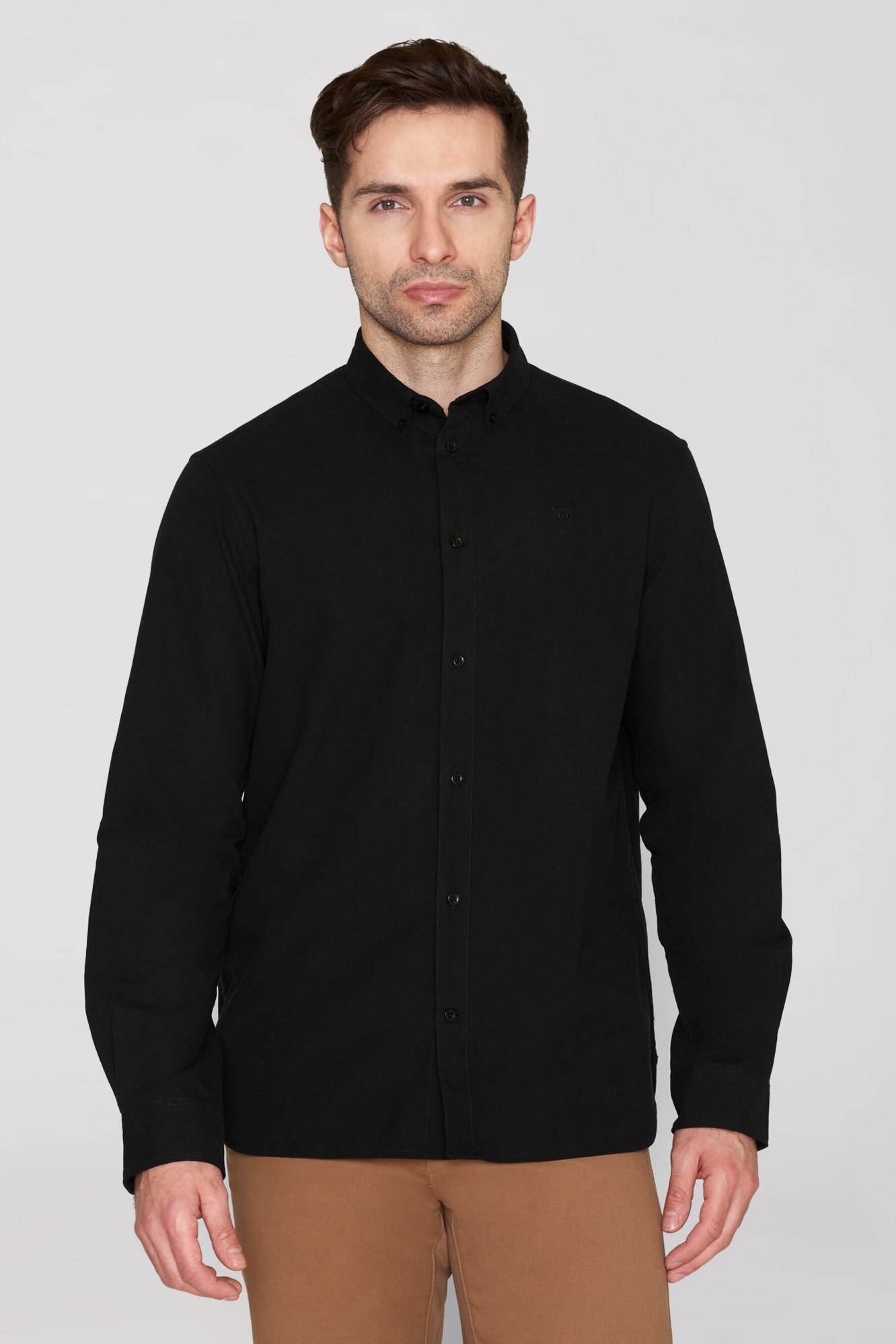 KnowledgeCotton Apparel mannen vegan Shirt Oxford Harald Small Owl Zwart Jet