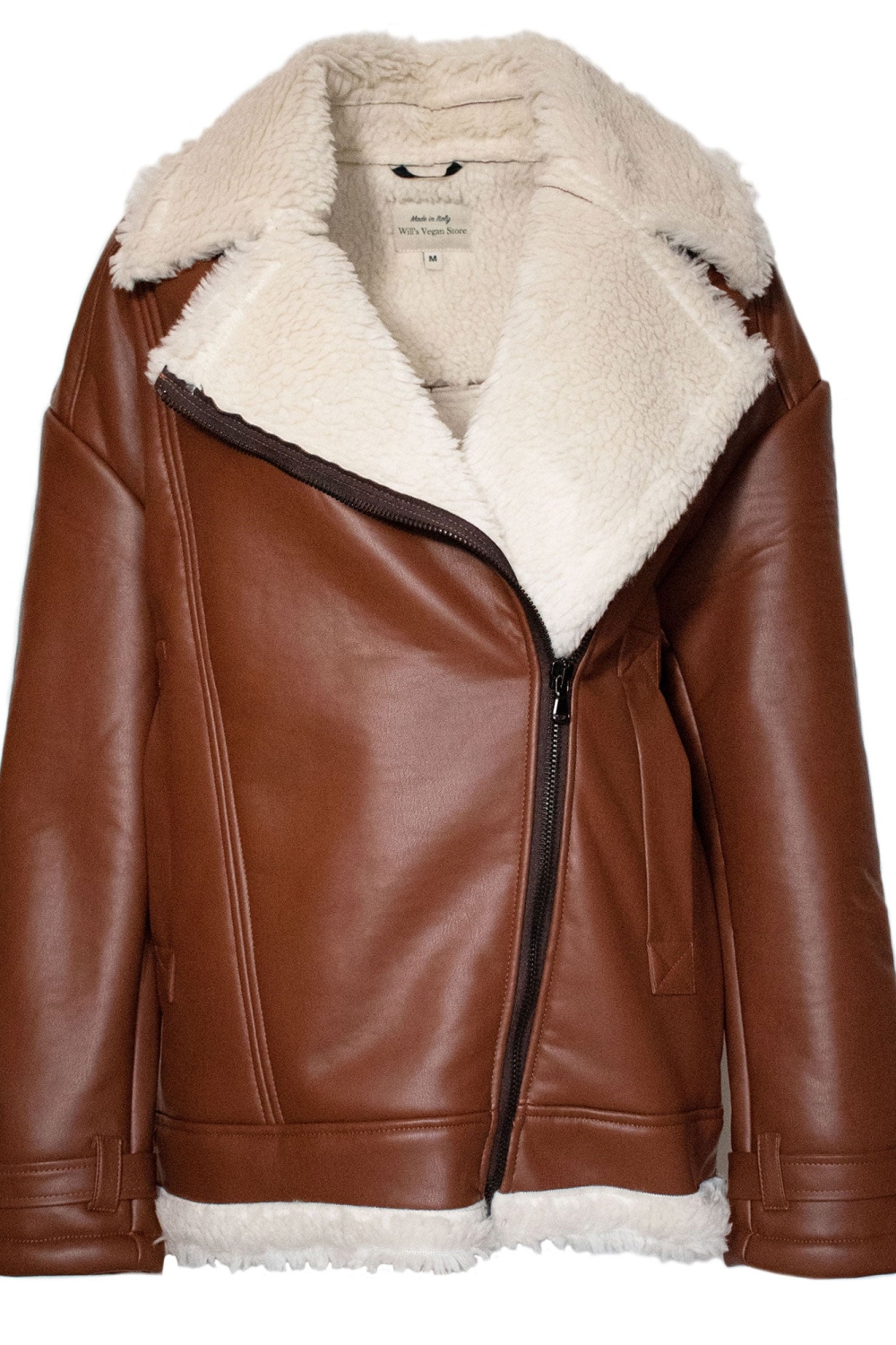 Will's Vegan Store  Dames Oversized Gerecycled Vegan Schapenvacht Pilotenjack Bruin Vegan Leer