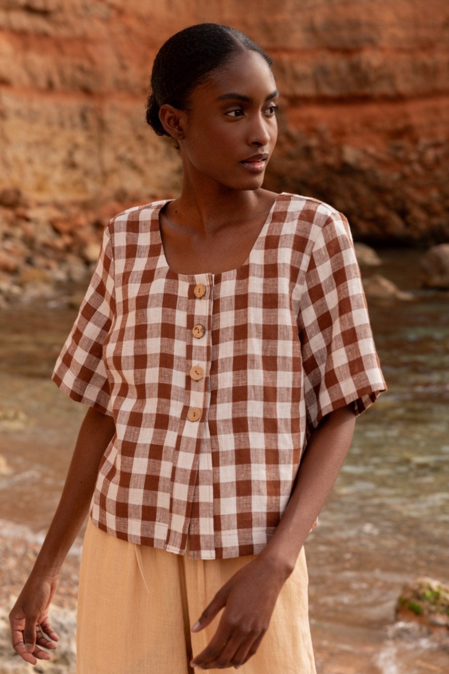 AmourLinen  Top Maeve Mocha Gingham