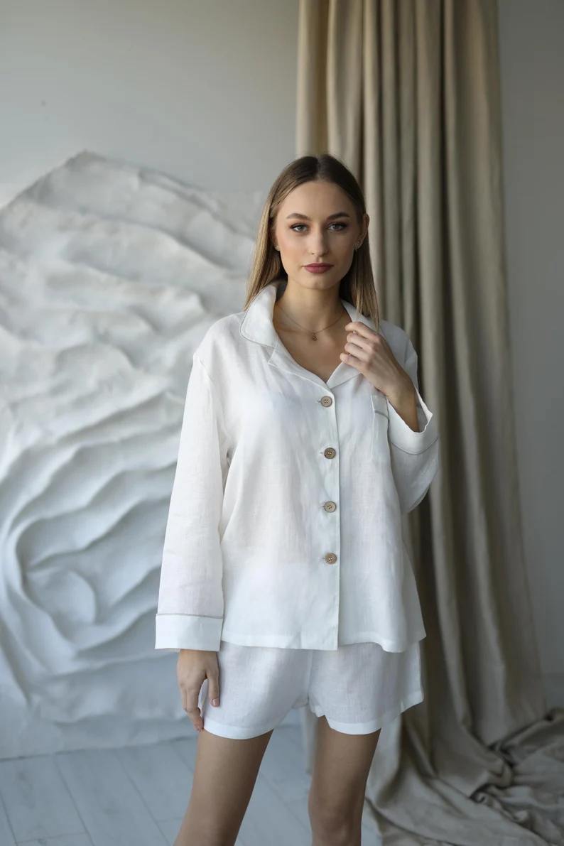 Amber Linen  Pyjamaset Met Shorts Serene White