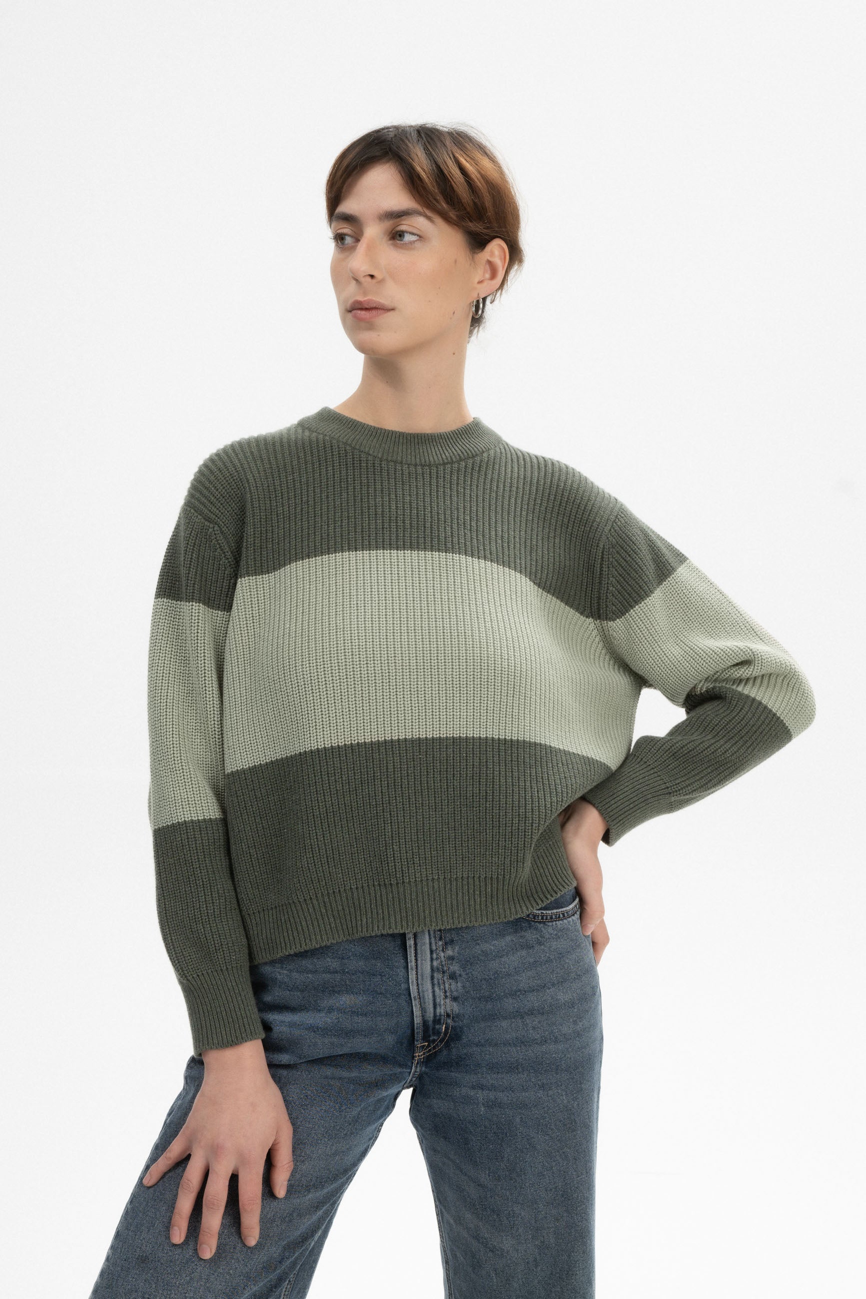 MELA  Gebreide Trui Rib Adah Strepen Groen Melange/Groene Klei