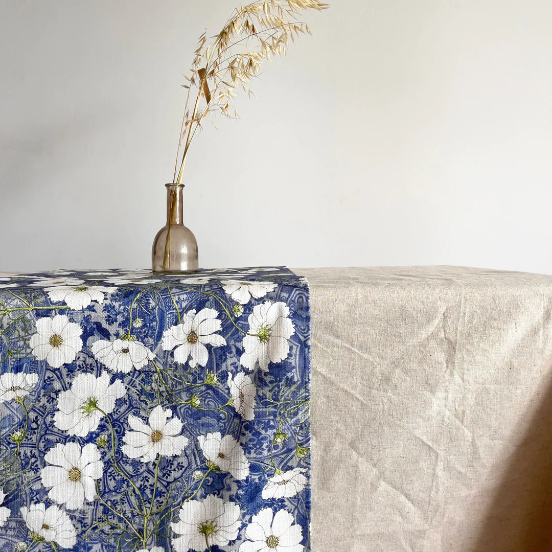 Floral Table Runner Recycled Plastic - Blue Delft