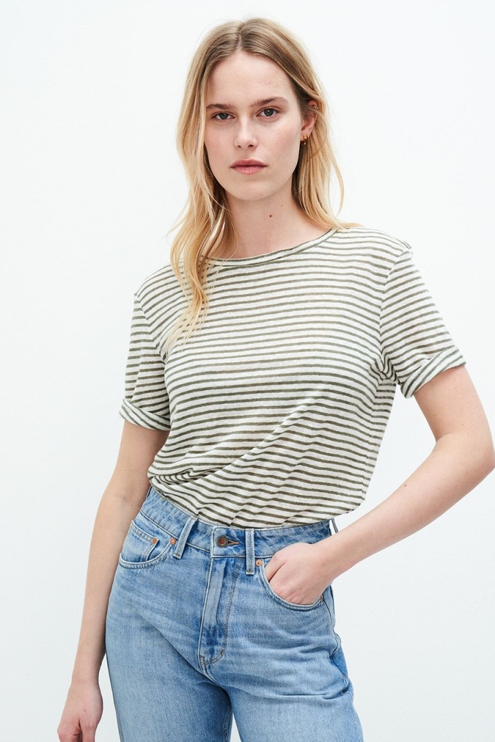 Kuyichi  T-Shirt Olivia Gestreept Wit & Legergroen