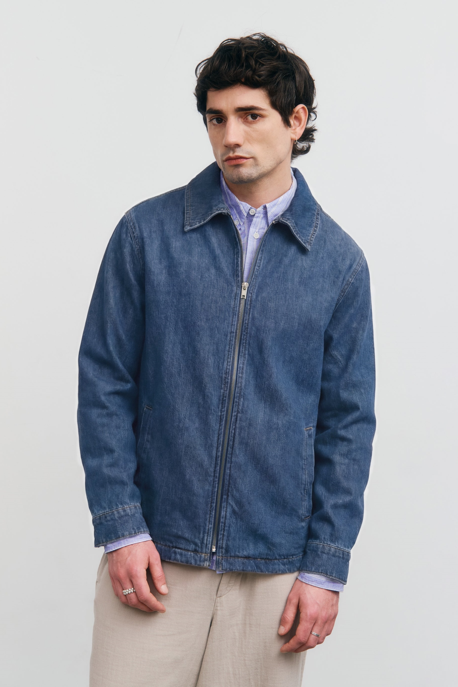 Rotholz mannen vegan Werkjas Met Rits Washed Denim
