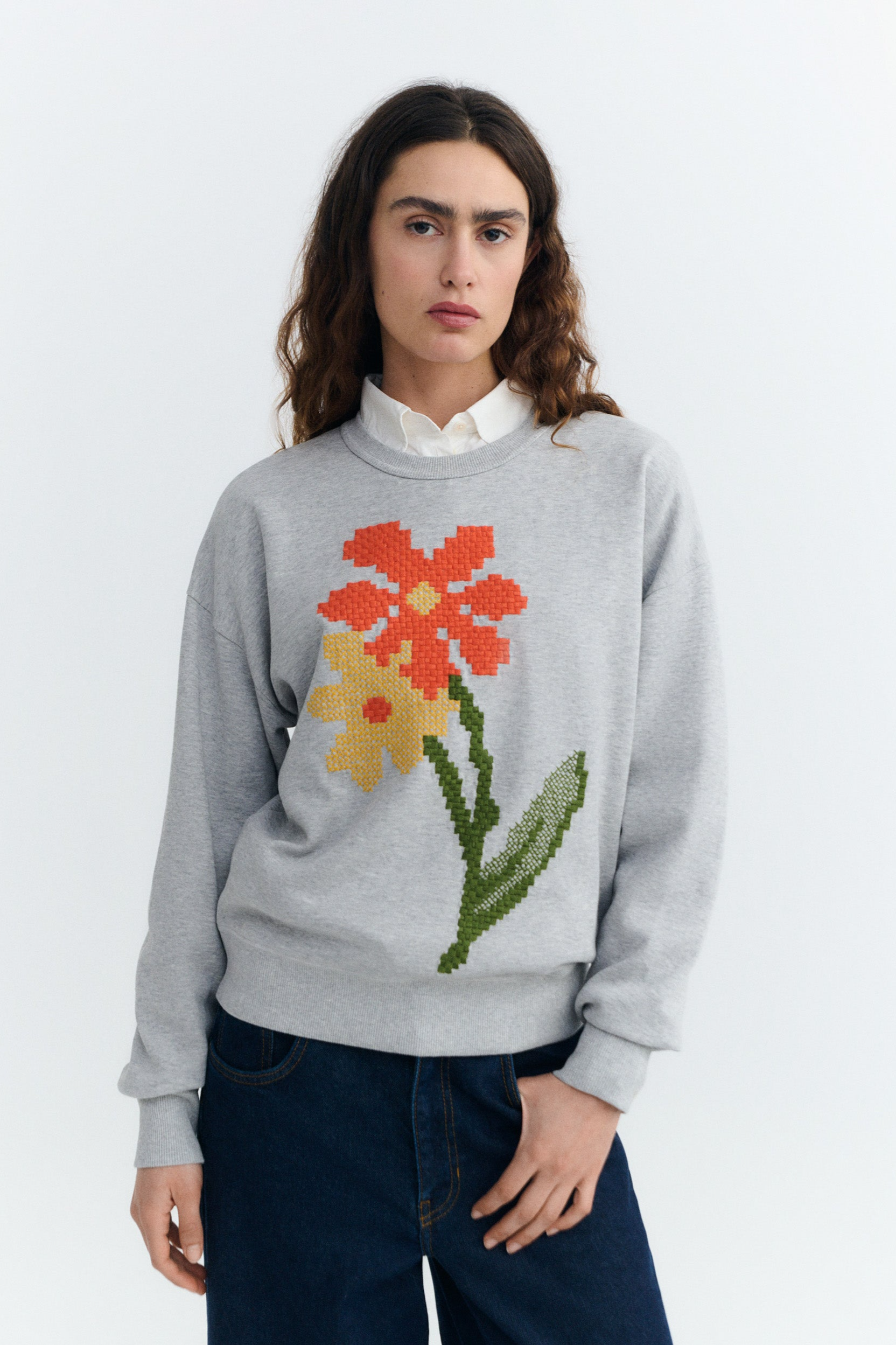 Thinking MU  Sweatshirt Met Poppy Jodie-Borduurwerk, Grijs