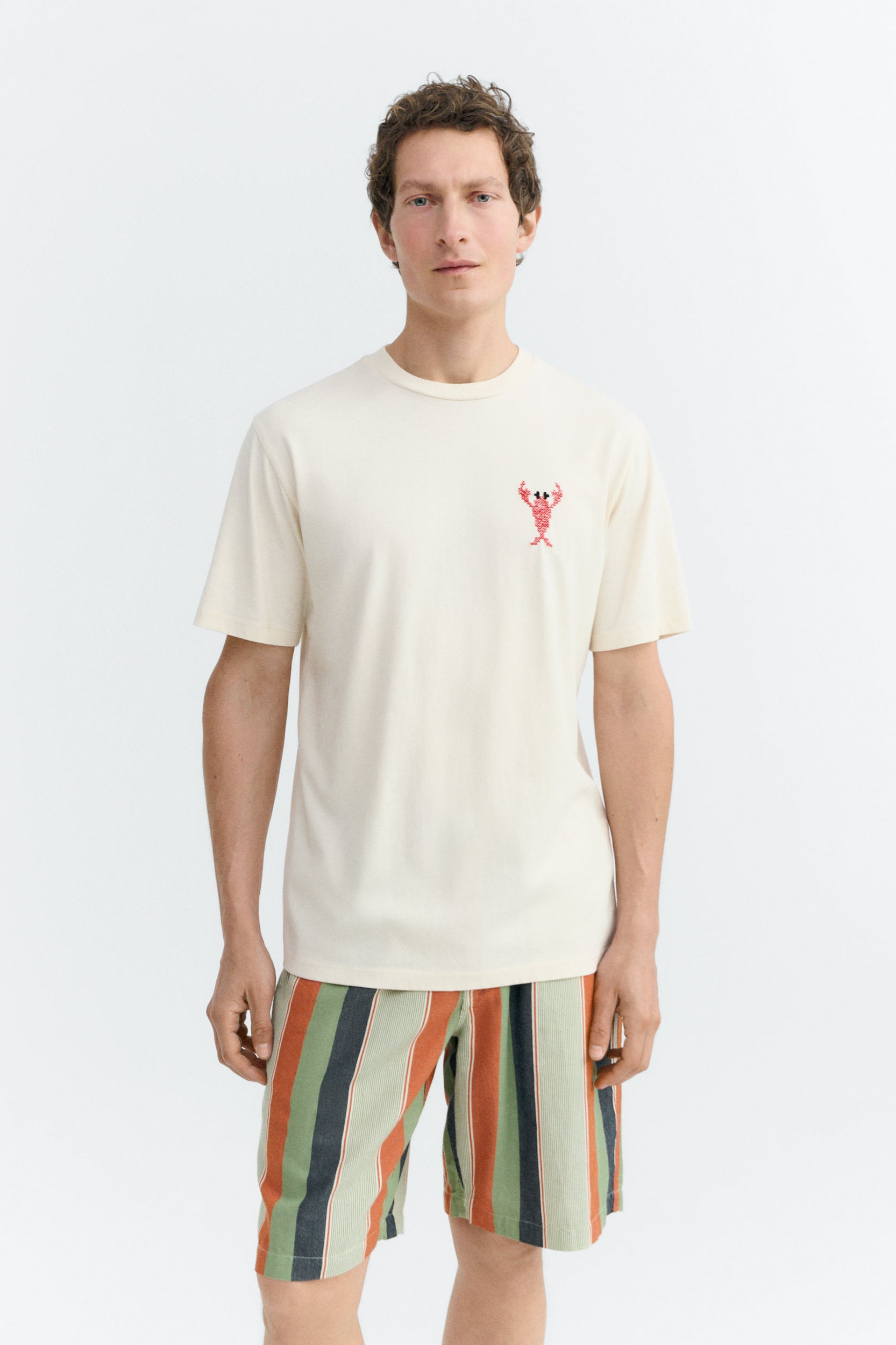 Thinking MU mannen vegan T-Shirt Zach Lobster Geborduurd In Ecru