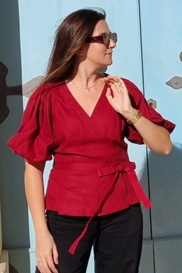 Amber Linen  Wrap Top Usa Rood