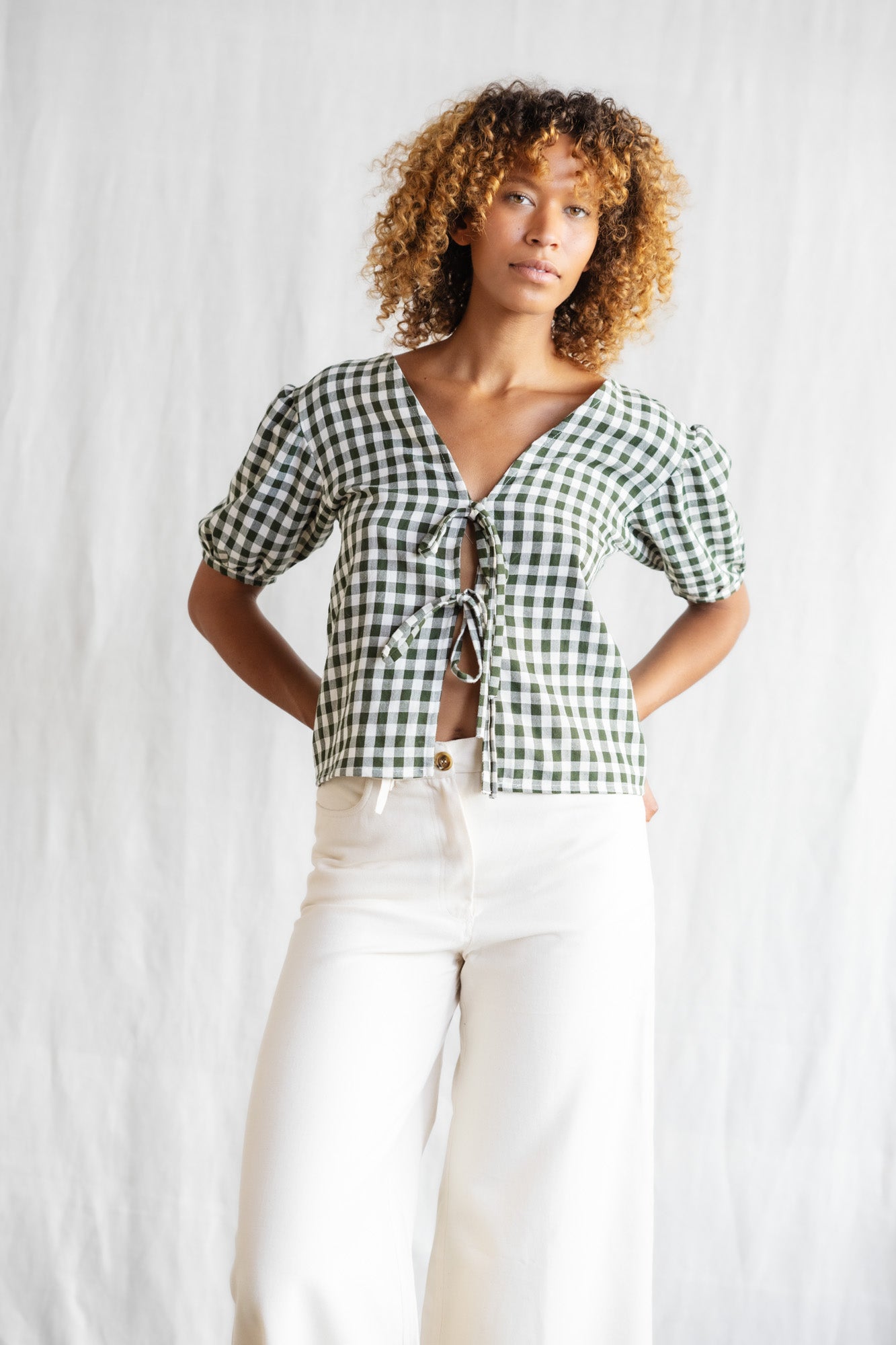 Jyoti - Fair Works  Blouse KALira Geruit Groen/Wit