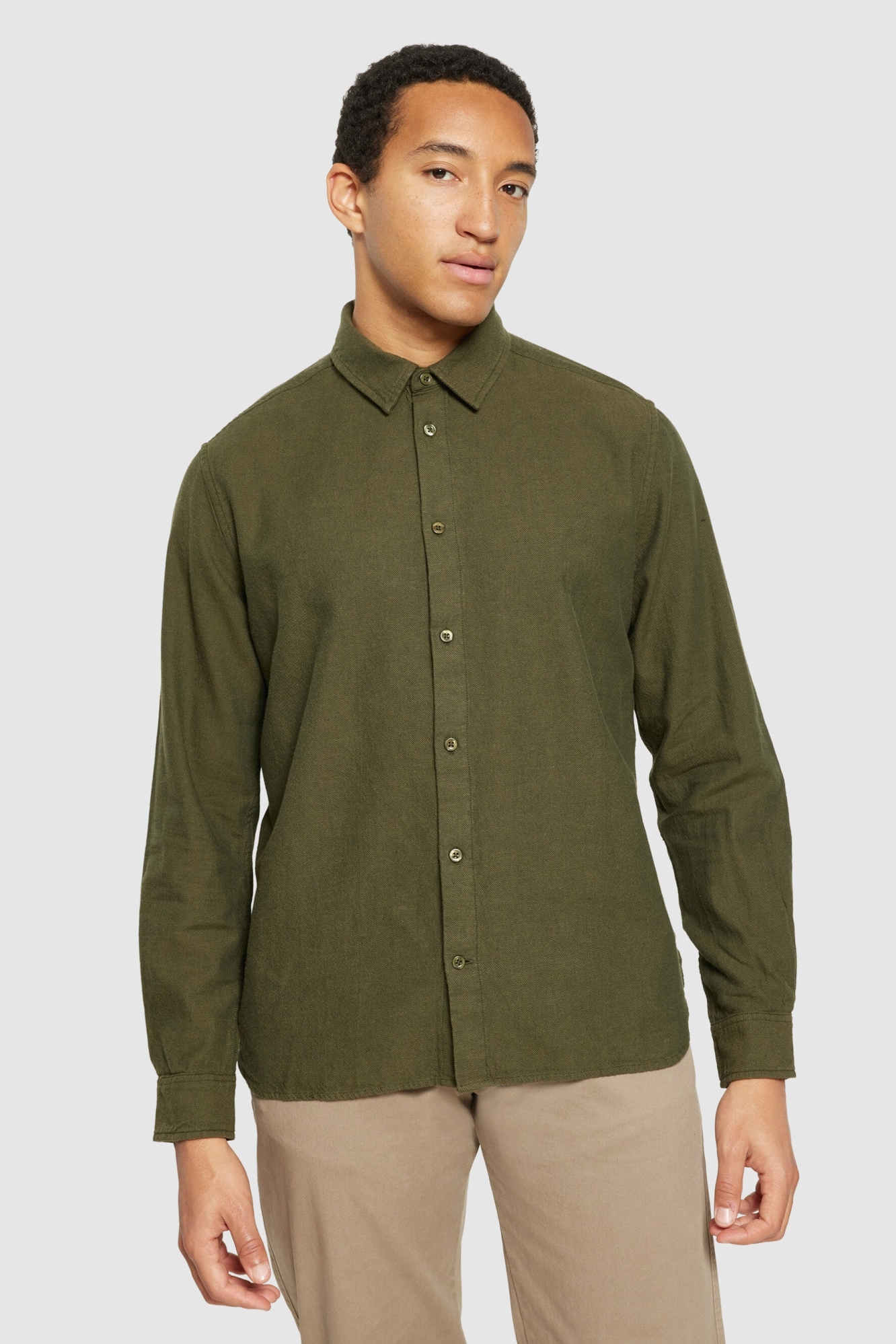 KnowledgeCotton Apparel mannen vegan Shirt Flanel Dune Regular Forrest Night Green