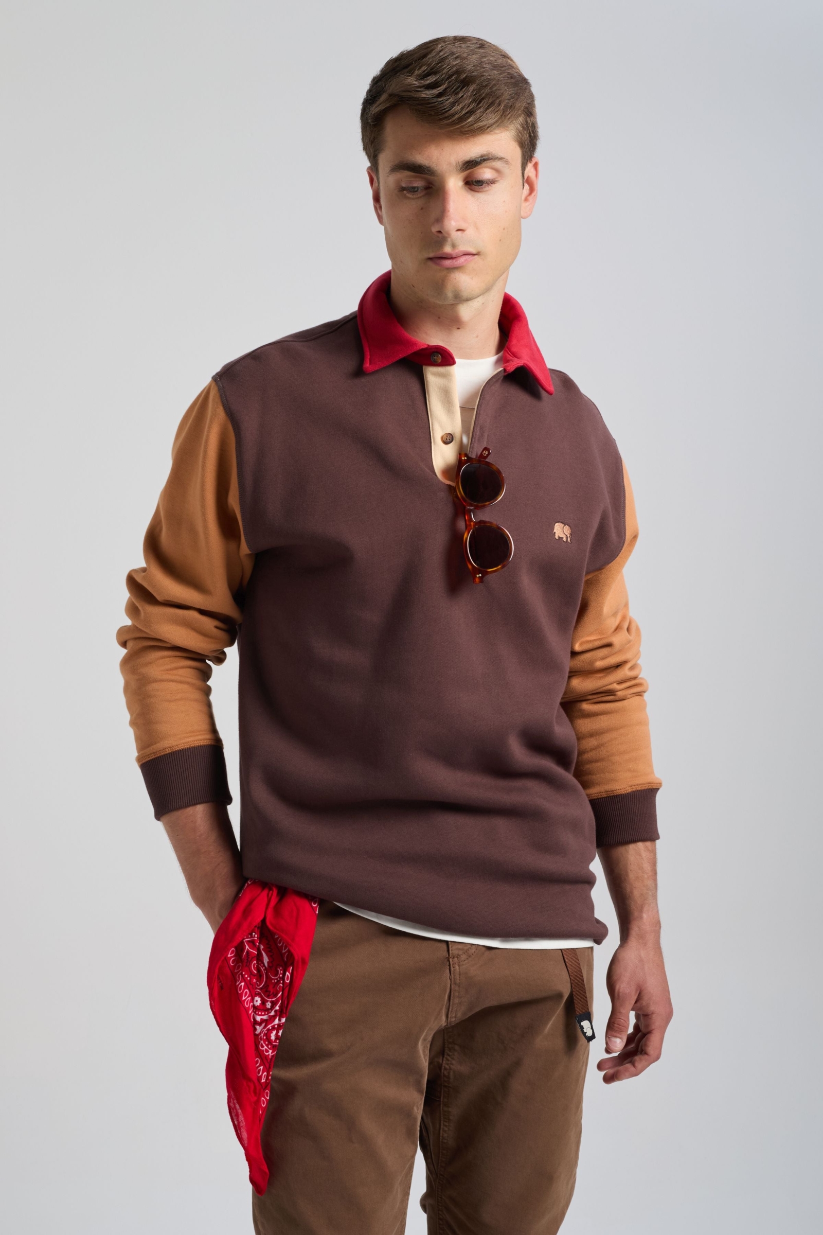 Trendsplant mannen vegan Polo Sweatshirt Color Block Solemnity Brown