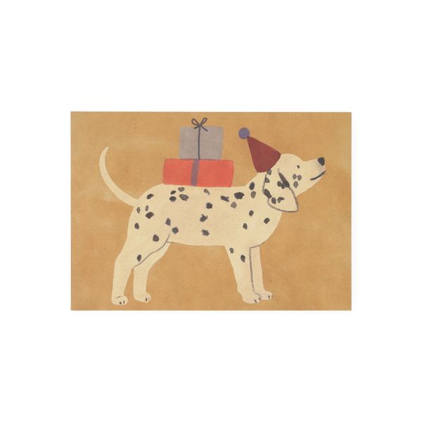 Kaart, dalmatiër met feesthoed en cadeau