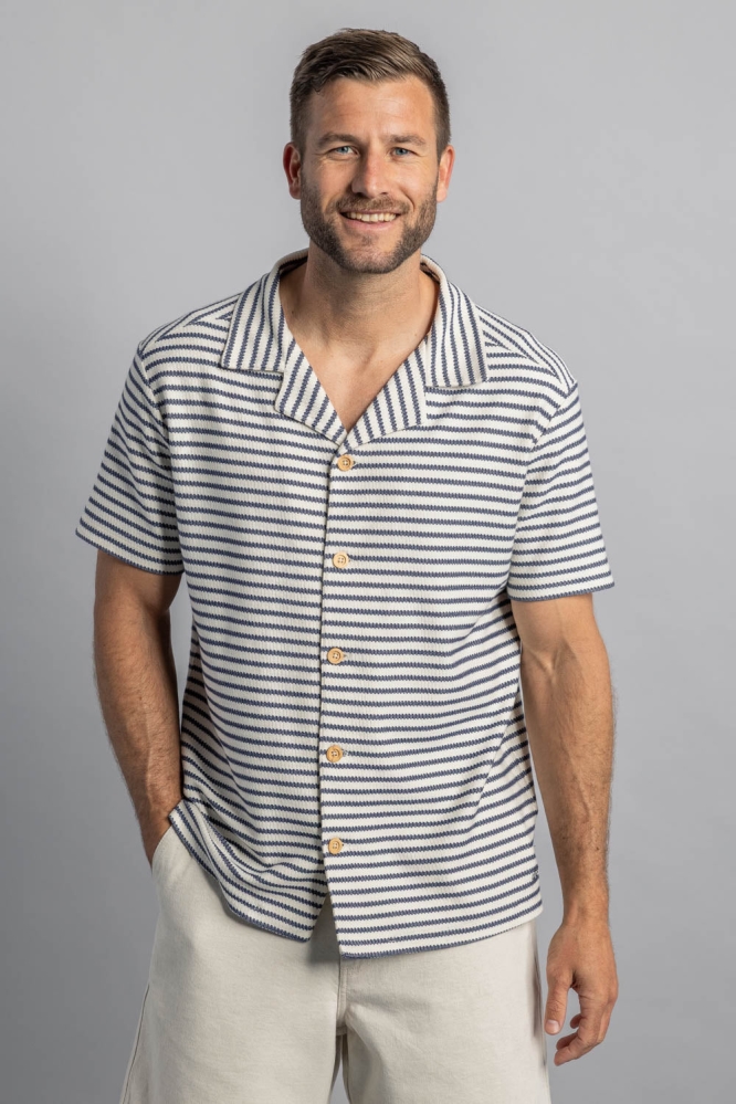 DIRTS mannen vegan Overhemd Knoop 50s Gestreept Off White/Marineblauw