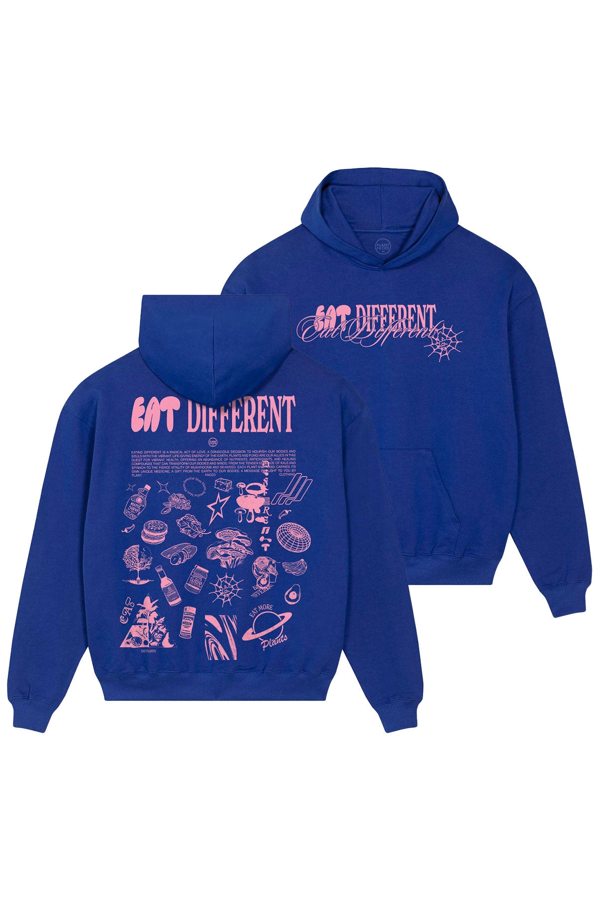 Plant Faced Clothing  Hoodie Deluxe Eat Different Roze Op Kobaltblauw