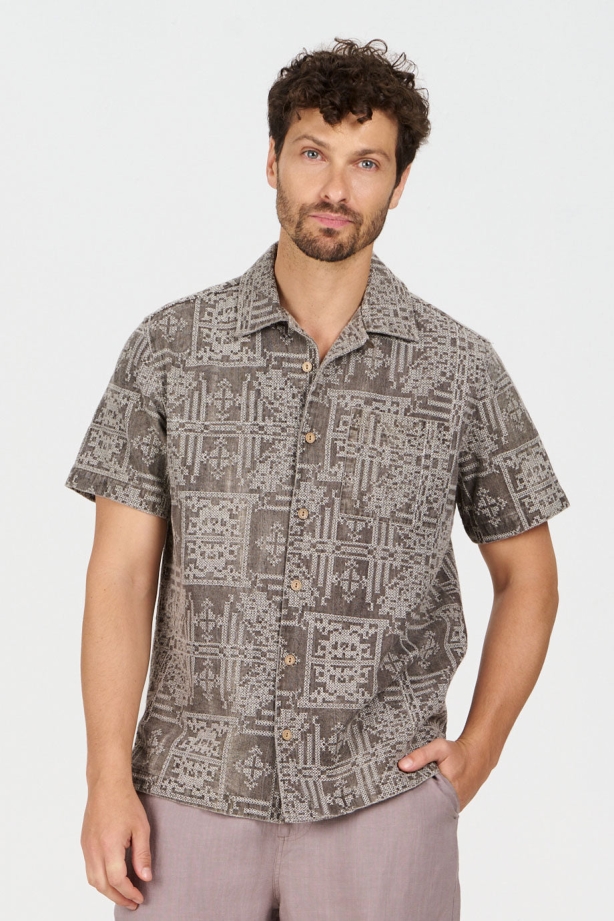 KOMODO mannen vegan Shirt Spindrift Geborduurd Paddenstoel Beige/Bruin