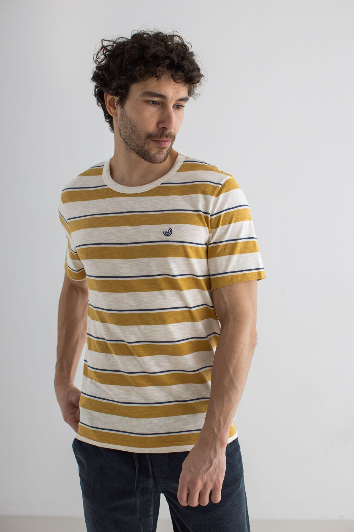 TWOTHIRDS mannen vegan T-Shirt Railey Met Mosterd- En Marineblauwe Strepen