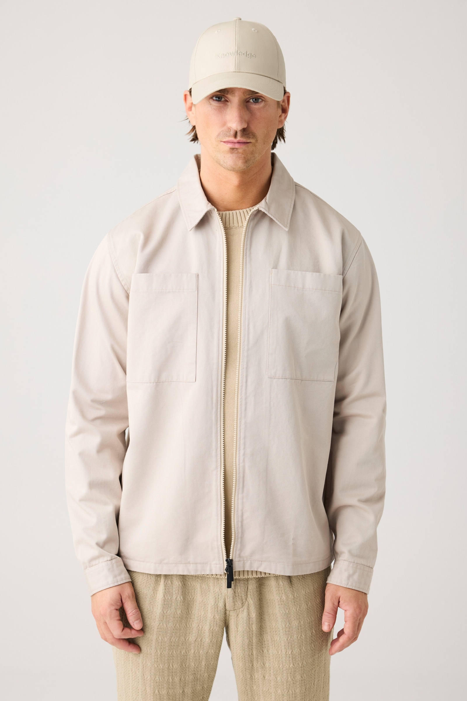 KnowledgeCotton Apparel mannen vegan Overhemd Met Rits, Keperstof, Lichtgrijs