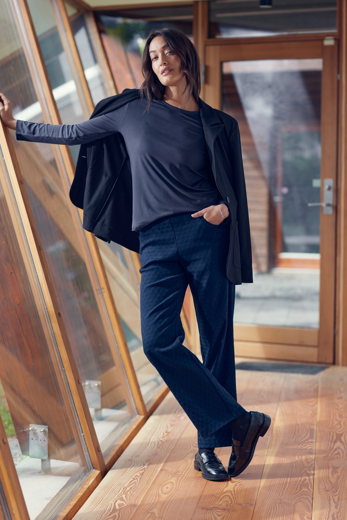 LAURIE  Broek Tracy Recht Korte Lengte Marine Jacquard