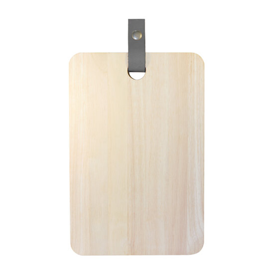 Eco-Design rubberhout snijplank met lederen band. 30 x 20cm