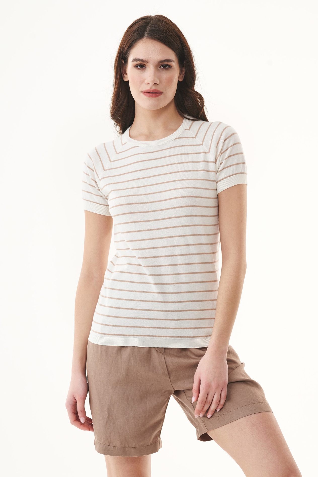 ORGANICATION  T-Shirt Met Strepen Fijn Gebreid Beige & Off White