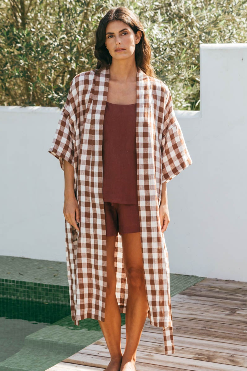 AmourLinen  Badjas Midnight Mocha Gingham