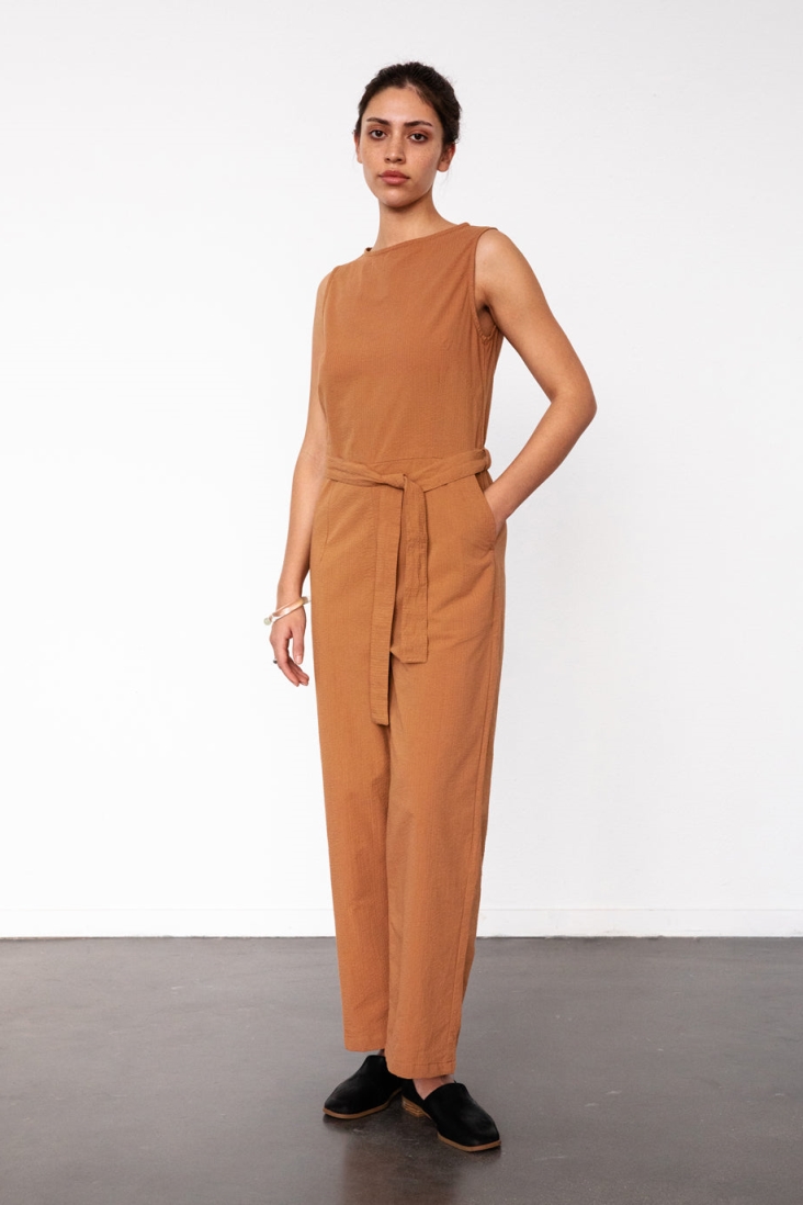 Rotholz  Jumpsuit Mouwloos Seersucker Karamel