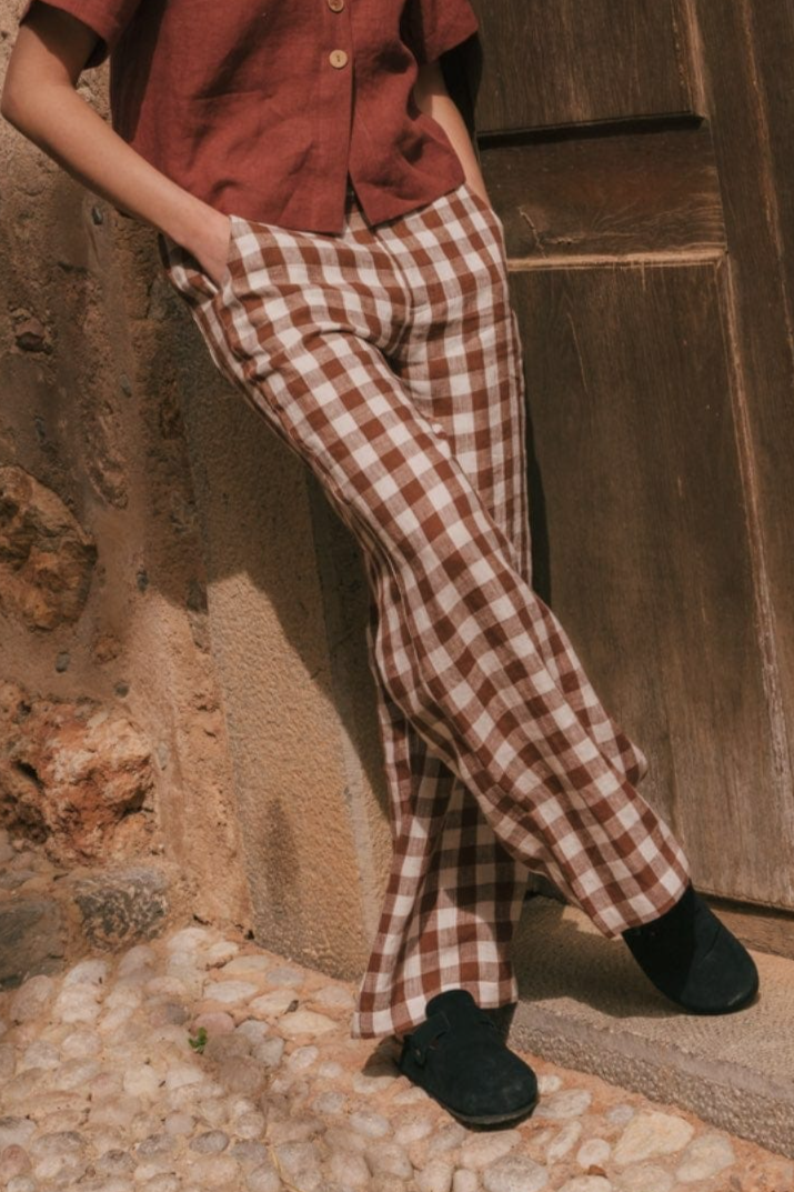 AmourLinen  Broek Recht Barbora Mocha Gingham