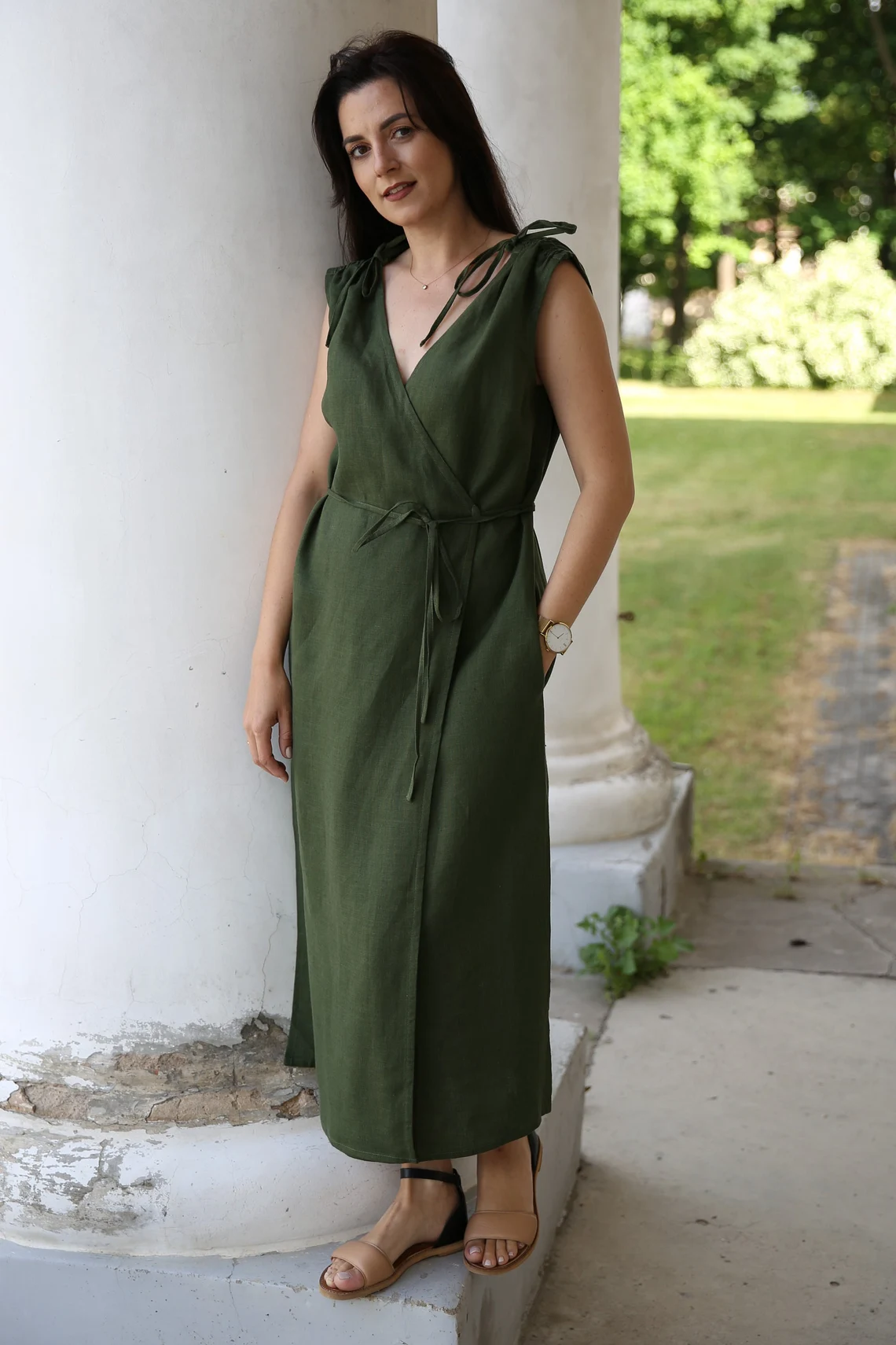 Amber Linen  Wikkeljurk Dubai Forest Green