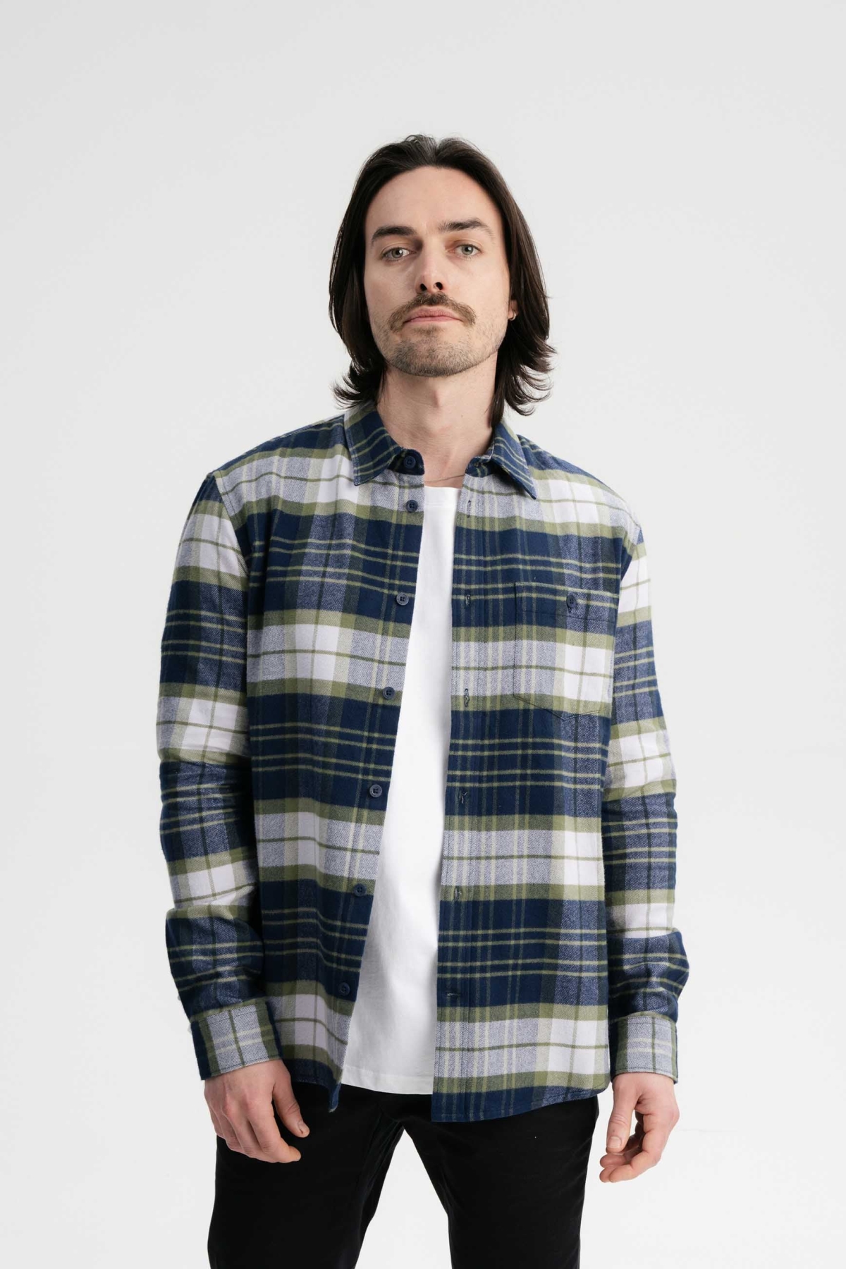 MELA mannen vegan Overhemd Flanell Sahel Navy / Lavendel Ruit