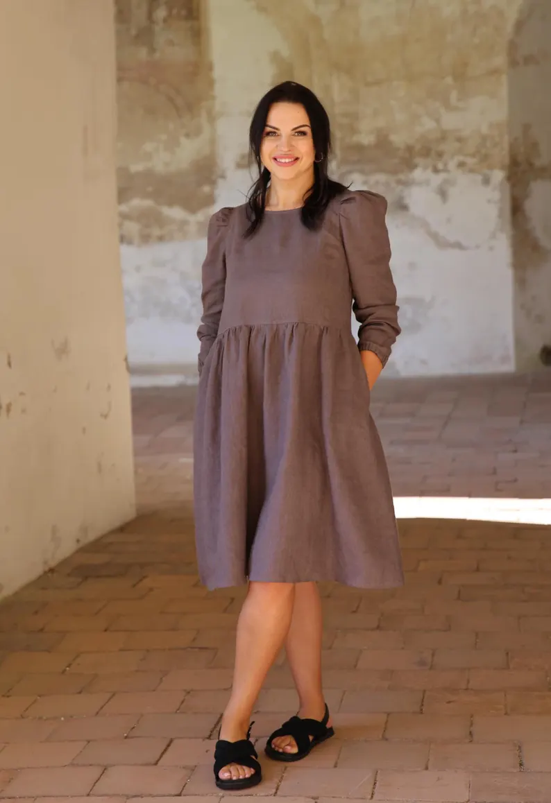 Amber Linen  Jurk Sarah Taupe Bruin