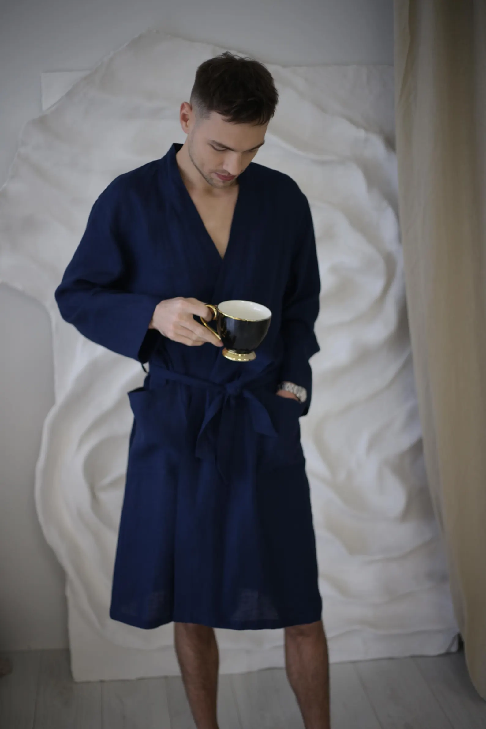 Amber Linen mannen vegan Badjas Marineblauw