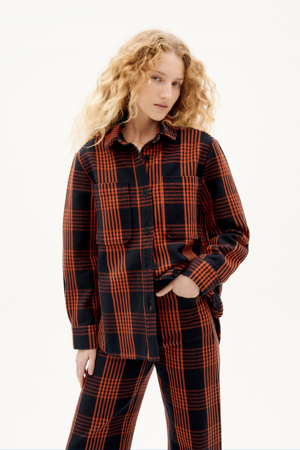 Thinking MU  Overshirt Norita Navy Geruit & Oranje