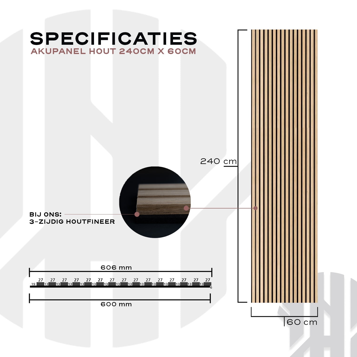 AkuPanel Naturel Eiken-Hout met Grijs Vilt | 240cm x 60cm | 3-zijdig écht houtfineer