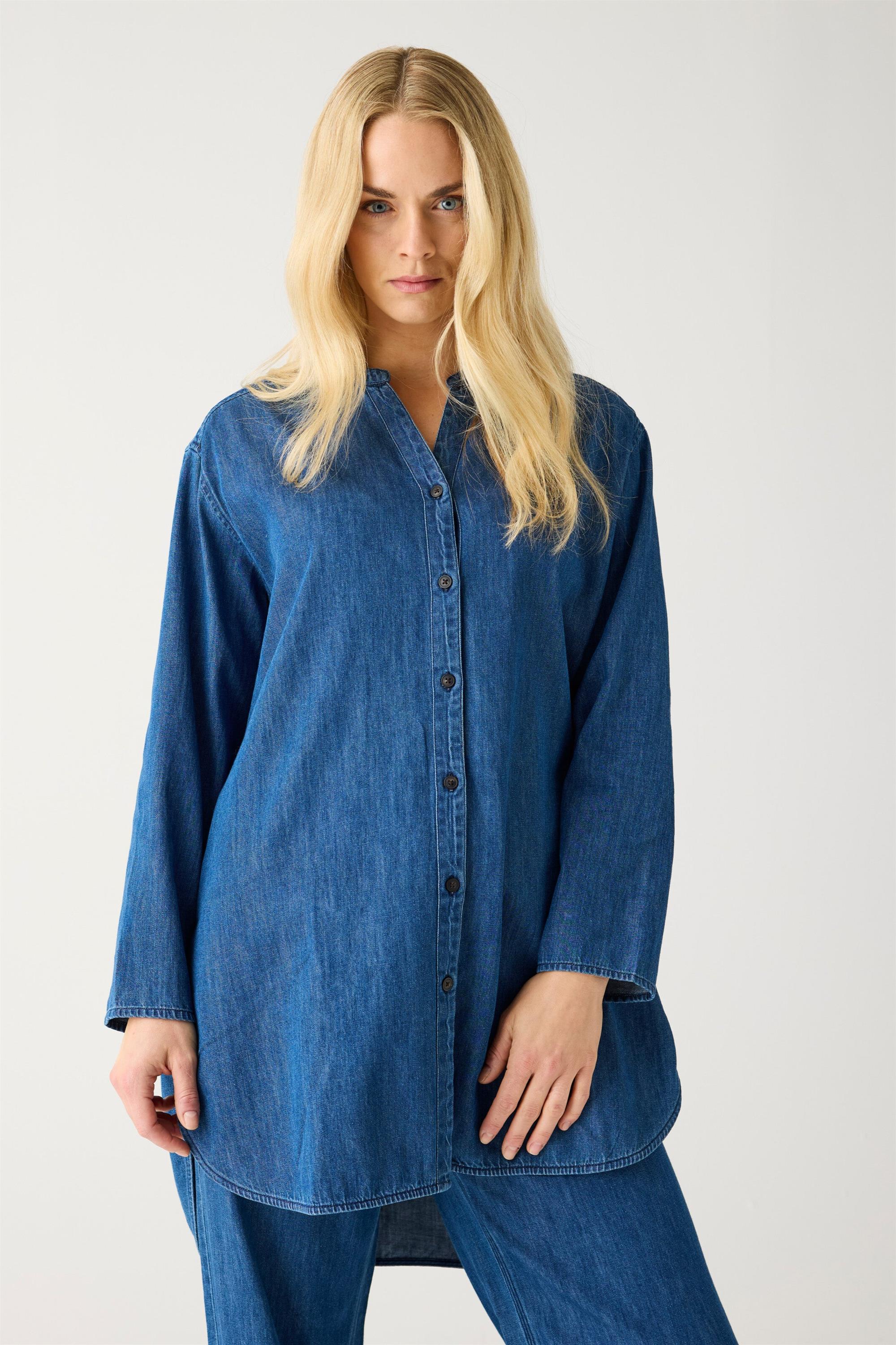 KnowledgeCotton Apparel  Donkerblauw Denim Overhemd