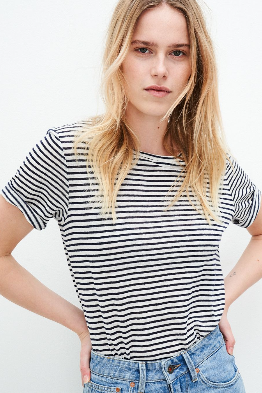 Kuyichi  T-Shirt Olivia Gestreept Wit & Indigo Blauw