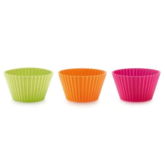 Lékué set van 12 siliconen muffinvormen - Groen, roze en oranje 7cm