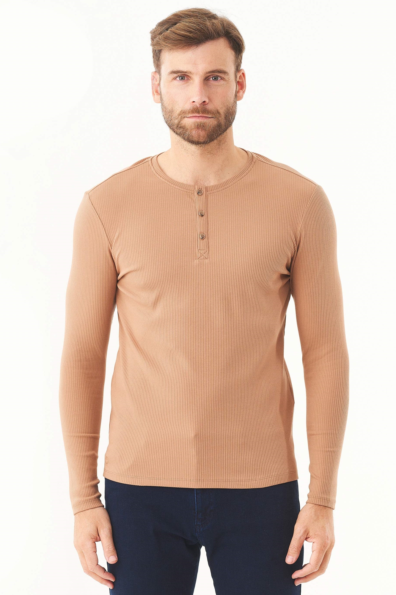 ORGANICATION mannen vegan Longsleeve T-Shirt Geribbeld Lichtbruin