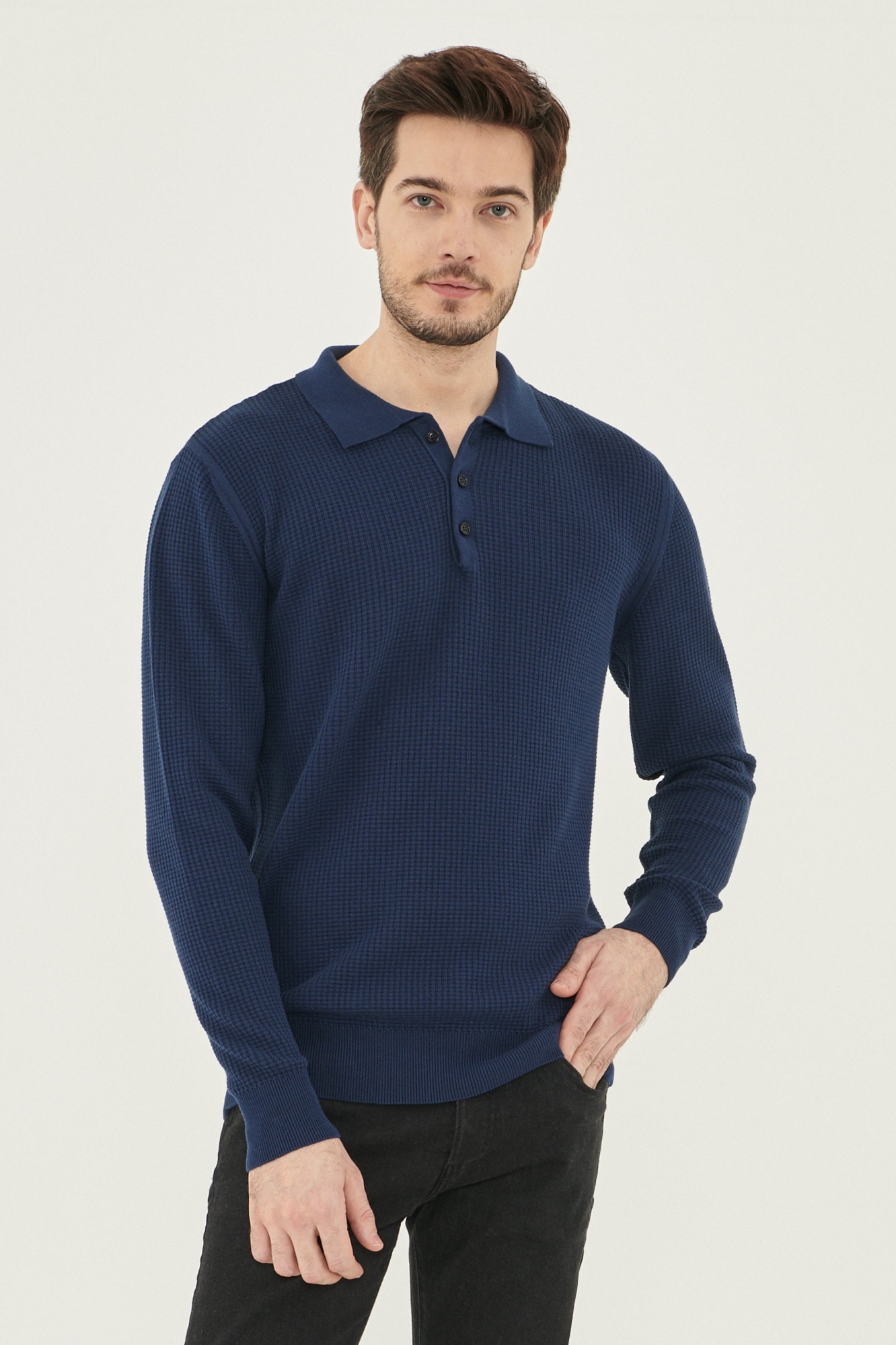 ORGANICATION mannen vegan Polotrui Wafeleffect Donkerblauw